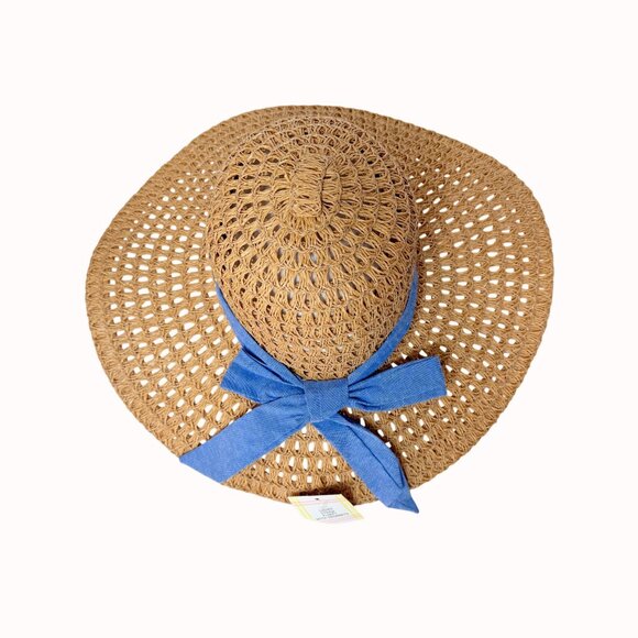 Open Weave Floppy Straw Hat Wide Brim Blue Bow Grommets Beach Cruise Resort Chic - Picture 15 of 16